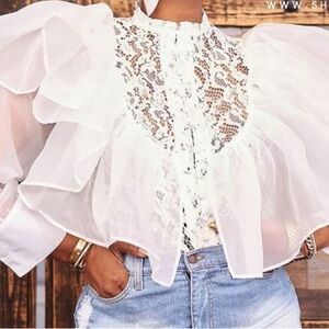 White Sheer Puff Sleeve Mandarin Collar Blouse